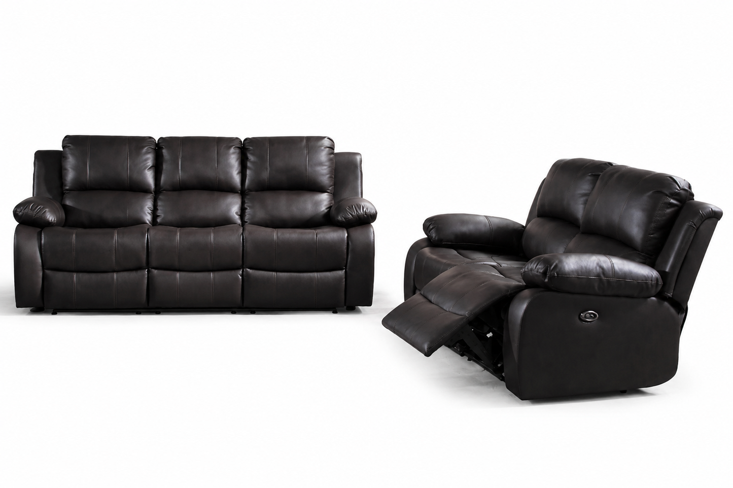 A brown leather reclining sofa and matching reclining armchair shown side by side on a clean white studio background.