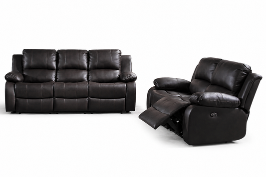A brown leather reclining sofa and matching reclining armchair shown side by side on a clean white studio background.