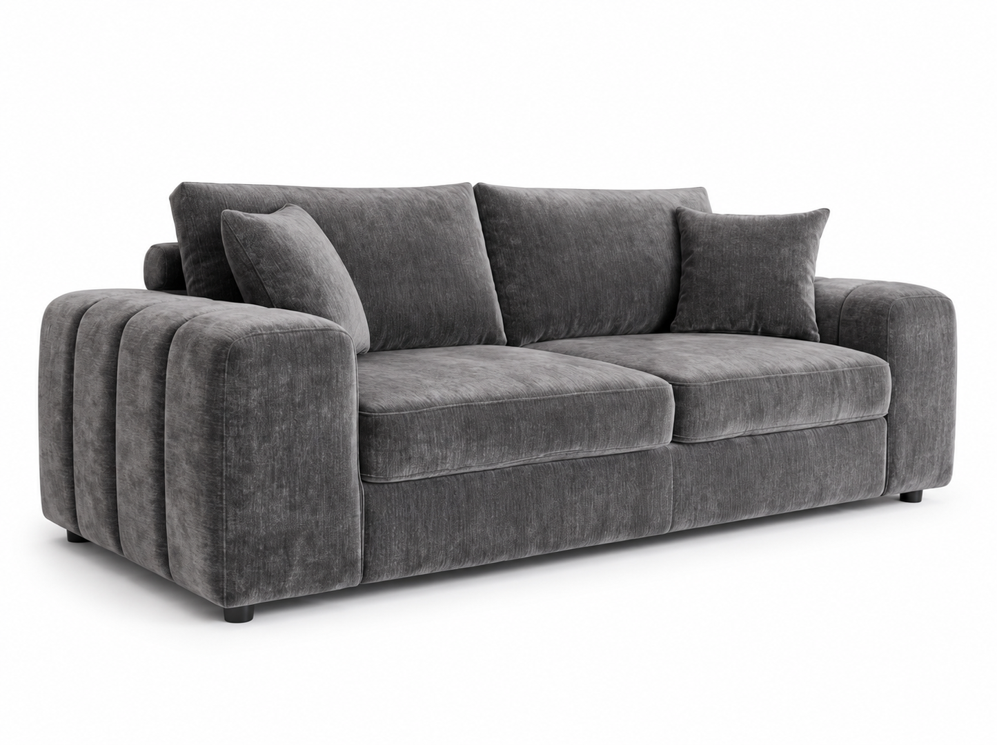 A modern gray velvet loveseat sofa with three back cushions and two throw pillows, shown from a three-quarter angle on a white background.