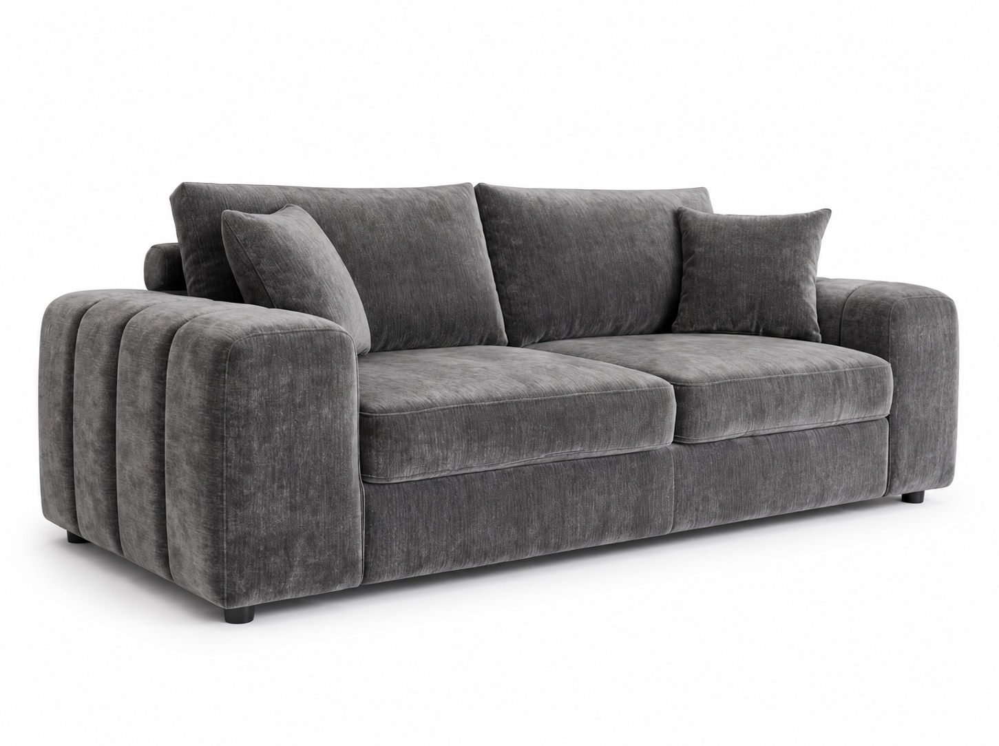 A modern gray velvet loveseat sofa with three back cushions and two throw pillows, shown from a three-quarter angle on a white background.