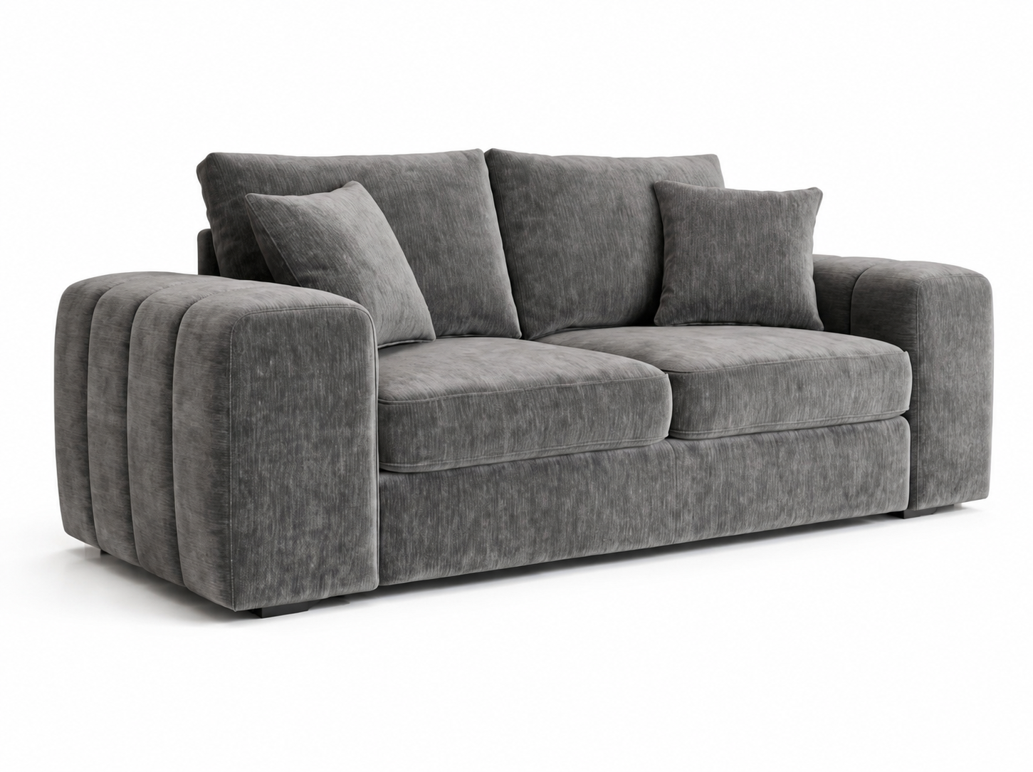 A modern three-seater sofa upholstered in textured gray fabric, featuring a chunky pleated armrest on the left and two matching throw pillows, shown against a plain white background.