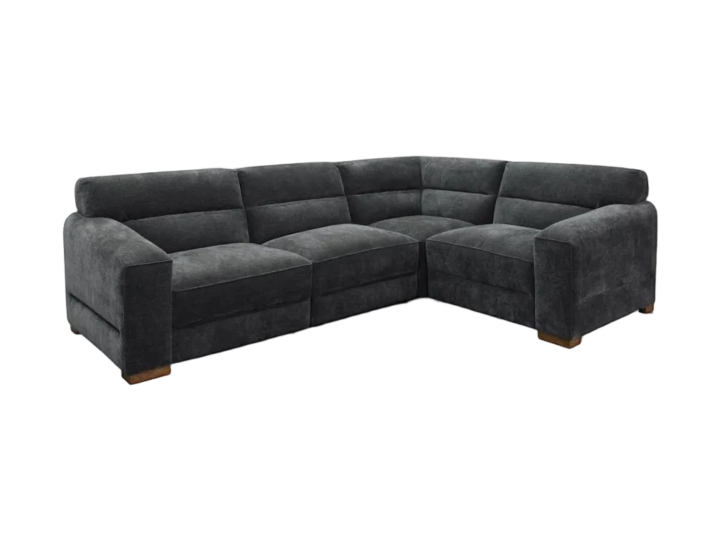 An L-shaped sectional sofa upholstered in textured sage charcoal fabric, shown from a three-quarter angle against a plain white background.