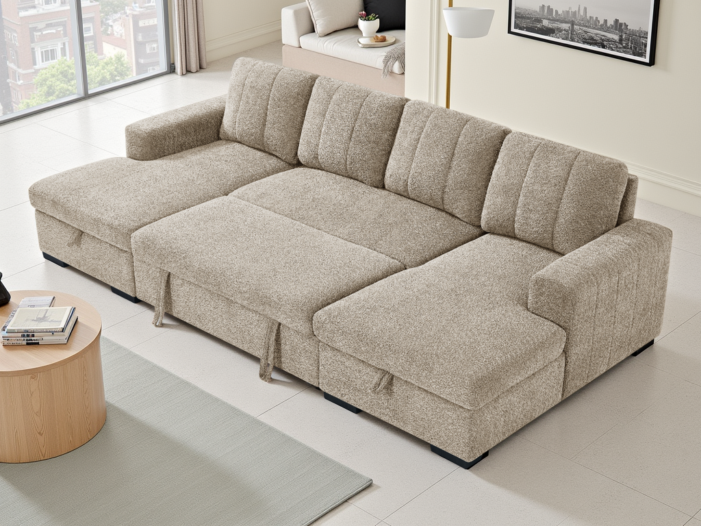 Beige sectional sofa in a living room setting with a small table and decor items.
