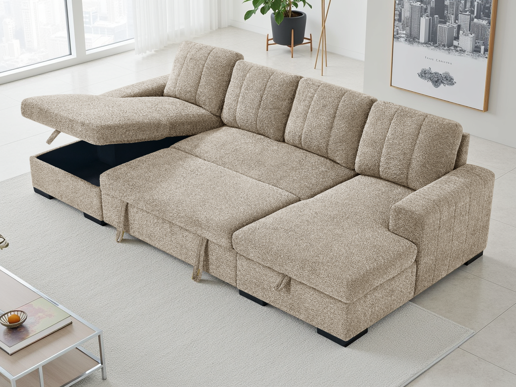 Beige sectional sofa with storage compartments in a modern living room.