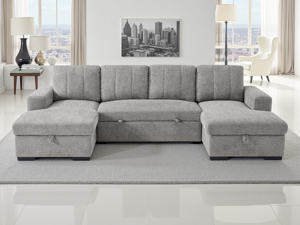 Gray sectional sofa in a modern living room with large windows and decor.