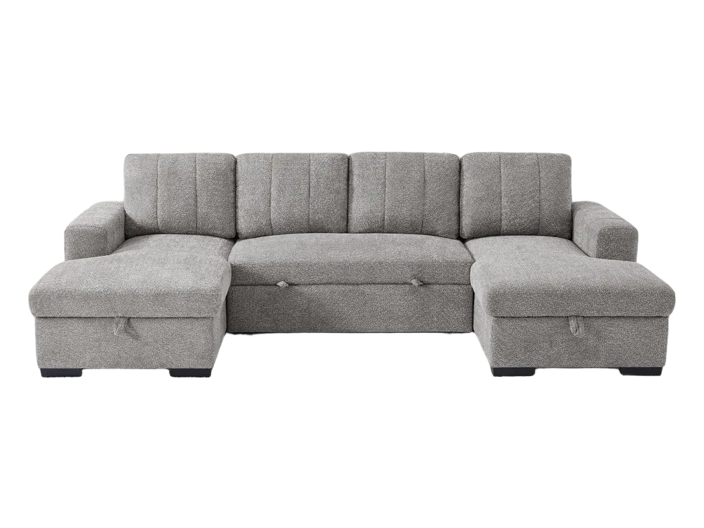 Como grey U-shaped corner sofa bed with dual chaise sections and contemporary upholstered cushions