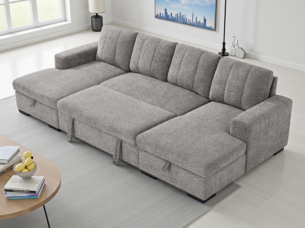 Gray sectional sofa in a living room setting with a cityscape painting on the wall.
