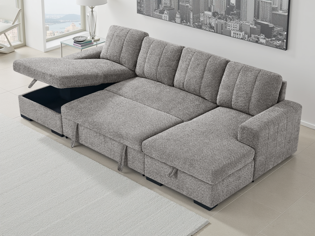 Gray sectional sofa with storage drawers in a living room setting.