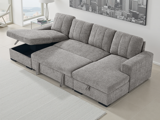 Gray sectional sofa with storage drawers in a living room setting.
