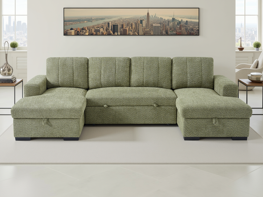Green sectional sofa in a modern living room with a cityscape painting on the wall.