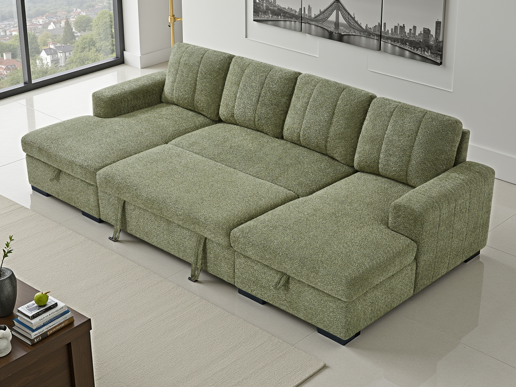 Green sectional sofa in a living room setting with a coffee table and decor items.