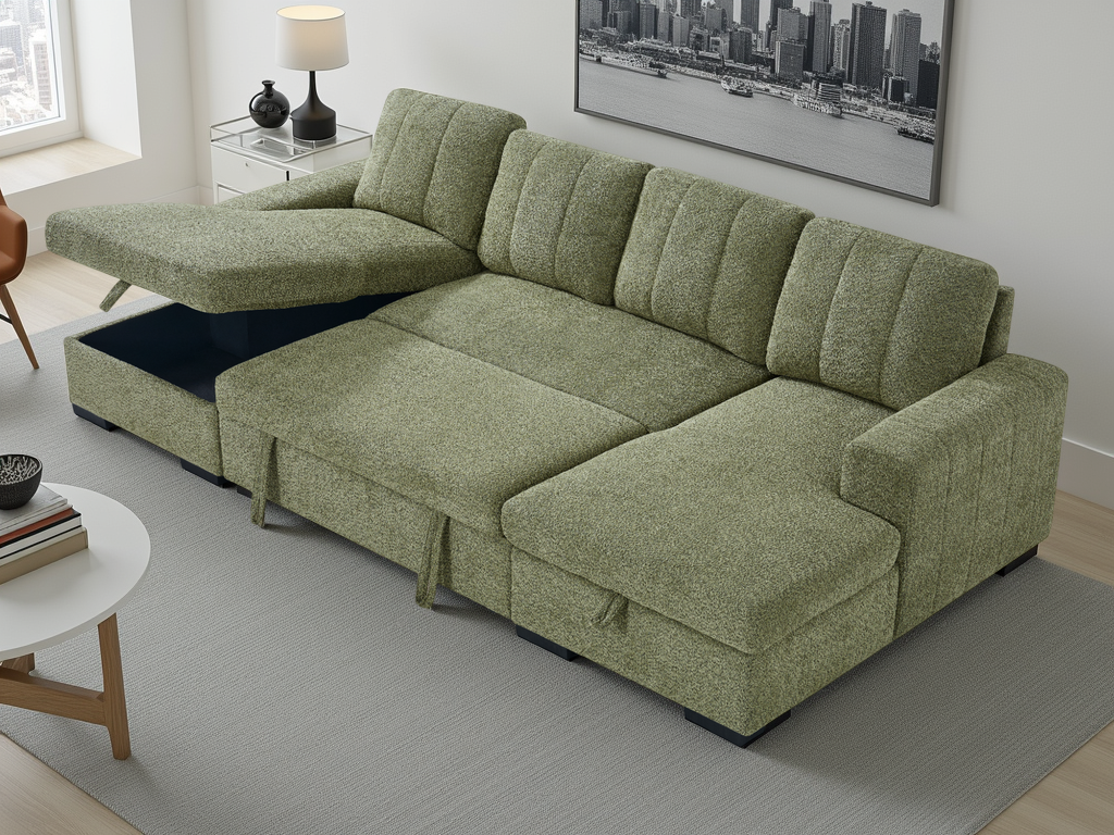 Green sectional sofa in a living room setting with a cityscape painting on the wall.