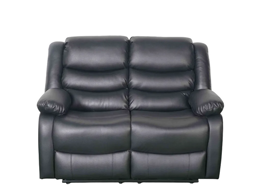 Black faux leather reclining loveseat sofa with padded armrests, shown from the front on a white background.