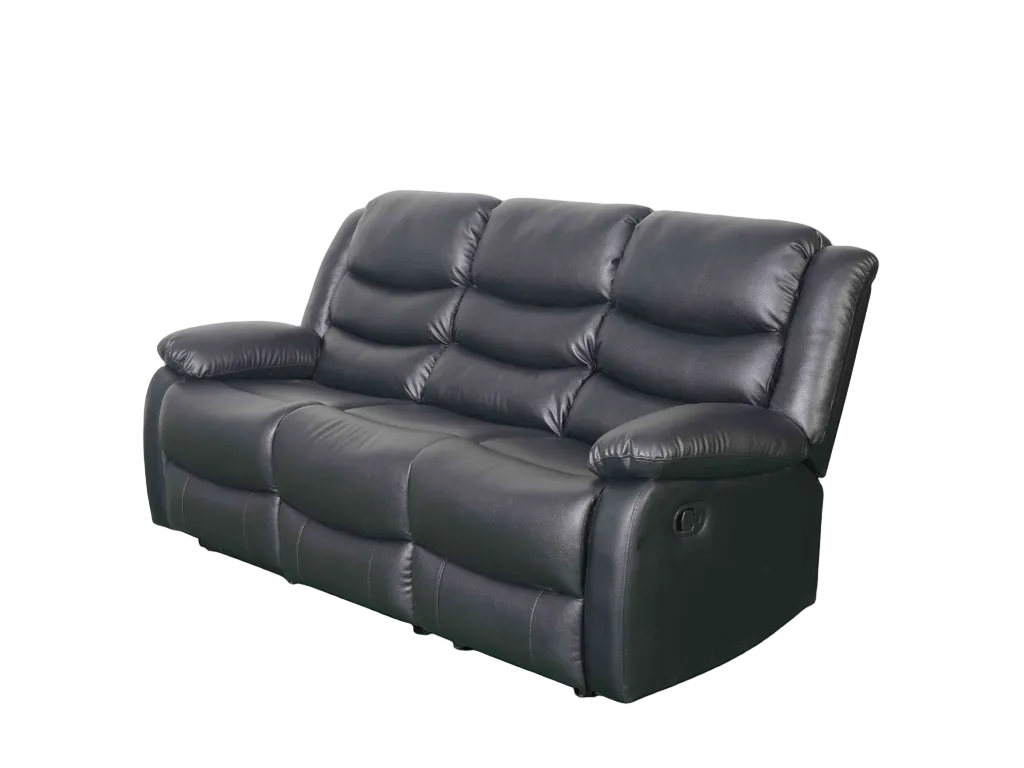 A three-seat power reclining loveseat sofa upholstered in black faux leather, shown from a three-quarter angle against a plain white background.