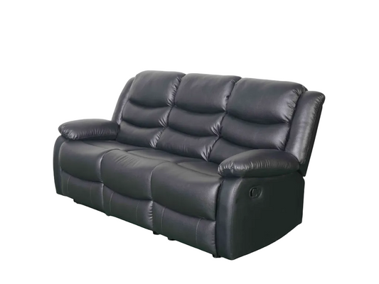 A three-seat power reclining loveseat sofa upholstered in black faux leather, shown from a three-quarter angle against a plain white background.