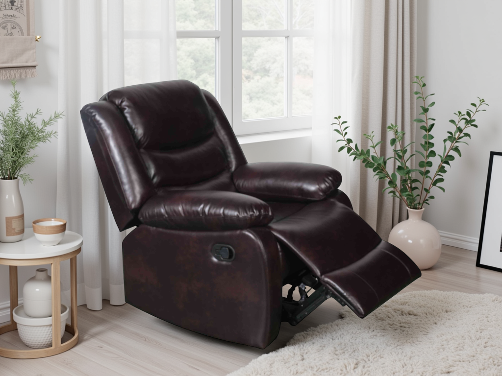 Brown leather recliner chair in a living room setting with plants and a window.