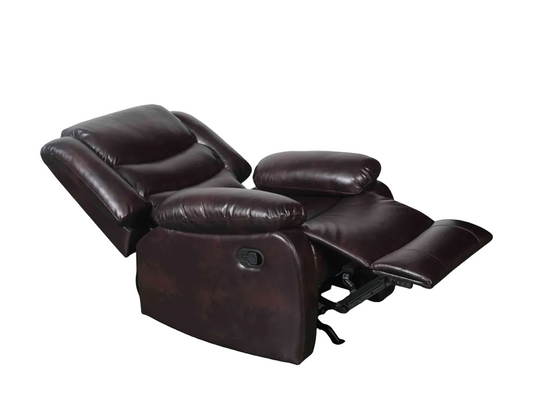 A dark brown leather recliner chair shown in a fully extended position against a plain white background.