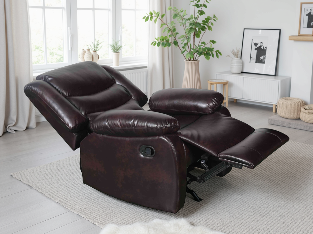 Brown leather recliner chair in a living room setting with plants and decor.
