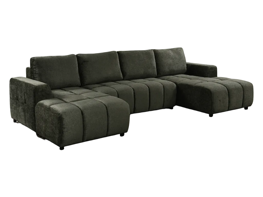 Green U-shaped corner sofa bed with on a white background.