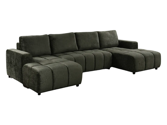 Green U-shaped corner sofa bed with on a white background.