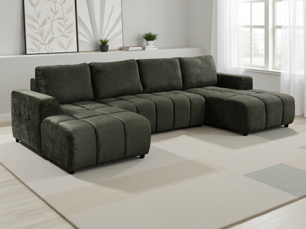 Green sectional sofa in a modern room setting with decor elements.