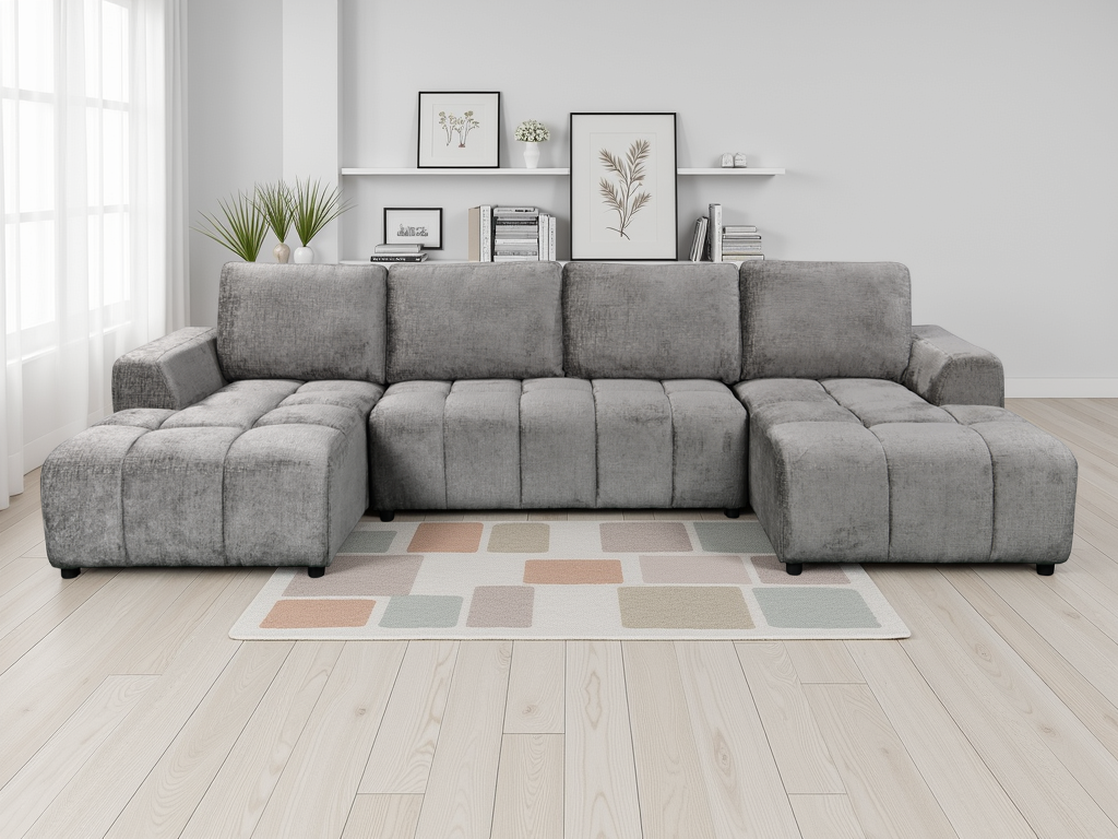 Gray sectional sofa in a living room with a rug and wall decor.