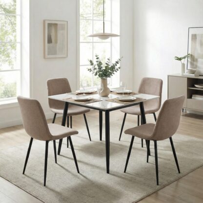 A modern 5-piece dining set featuring a square white marble-top table with black metal legs.