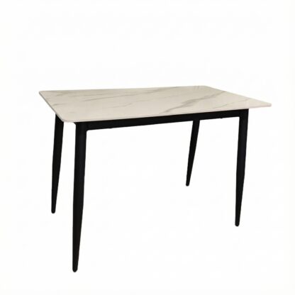 A rectangular dining table with a light beige marble-patterned top and four black tapered legs, shown against a plain white background.
