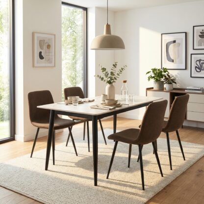 A modern dining room scene featuring a rectangular white table with dark brown upholstered chairs.
