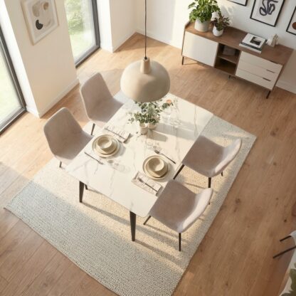 A modern dining set featuring a white marble-look rectangular table with black legs.