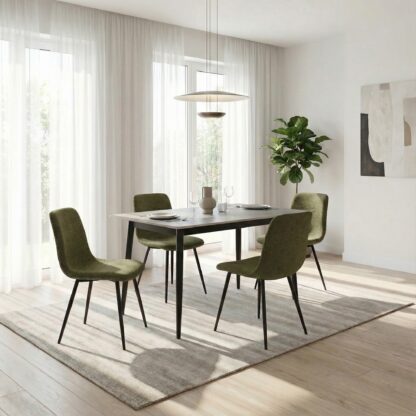 A modern dining set featuring a rectangular dark wood table.