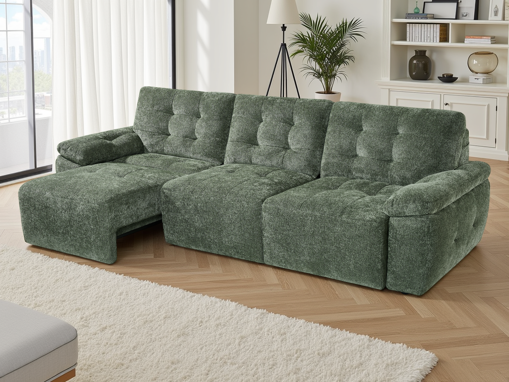 Green sectional sofa in a living room with a rug and plants.