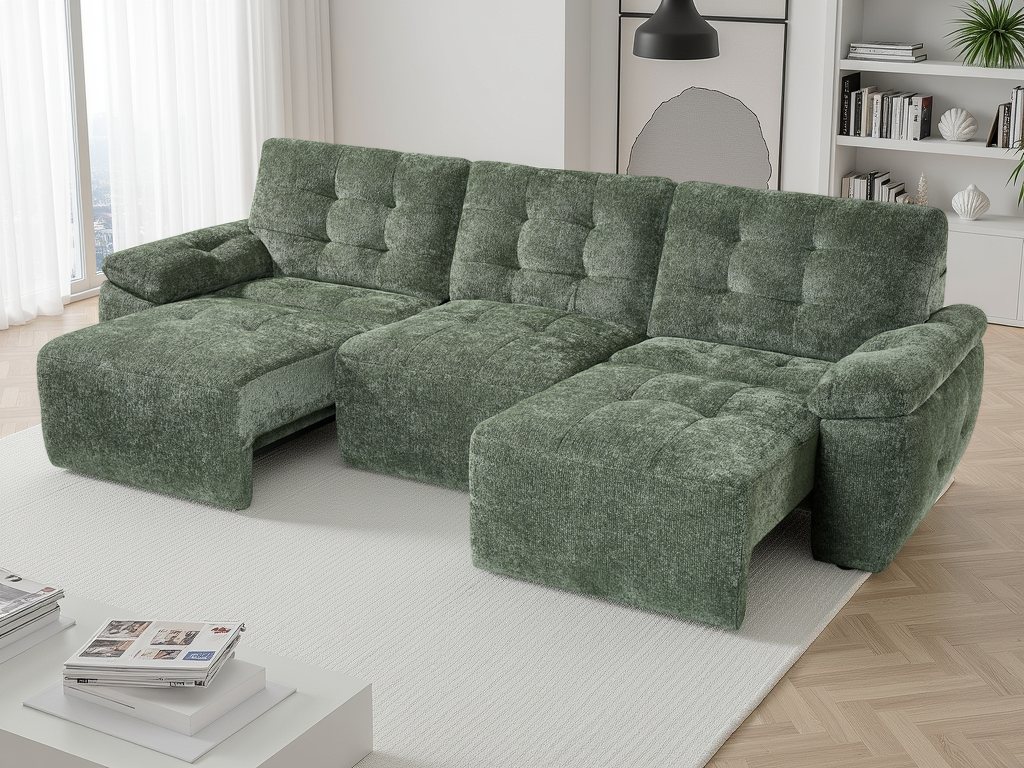 Green sectional sofa in a living room setting with a coffee table and books.