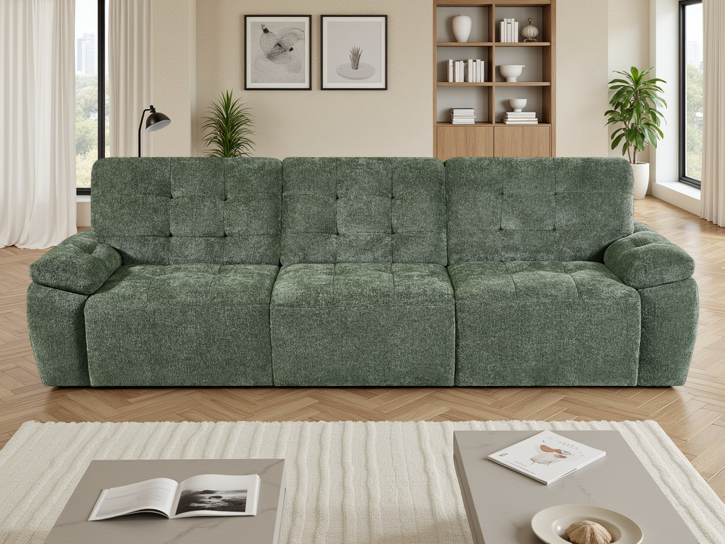 Green sofa in a living room with a rug, books, and a lamp.