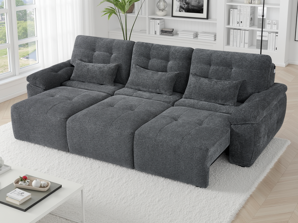 Gray sectional sofa in a living room setting with decor elements.