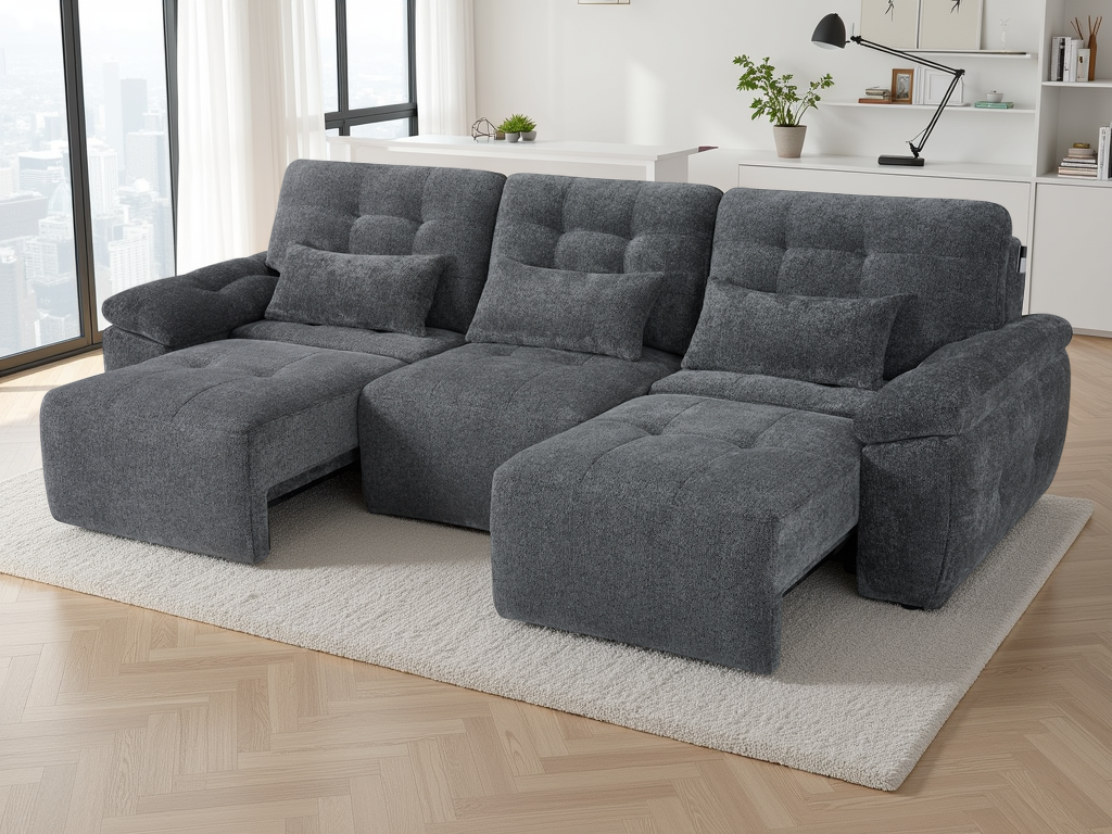 Gray sectional sofa in a living room setting with large windows and a rug.