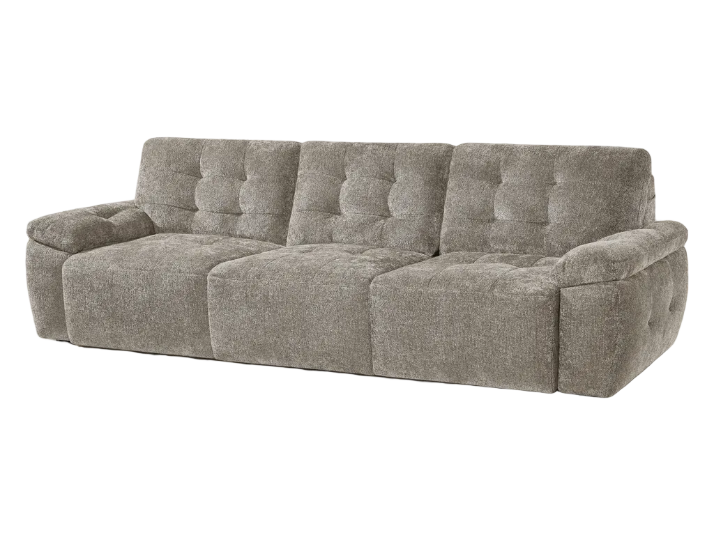 A three-seat reclining sofa upholstered in a textured taupe-mushroom fabric shown against a plain white background.