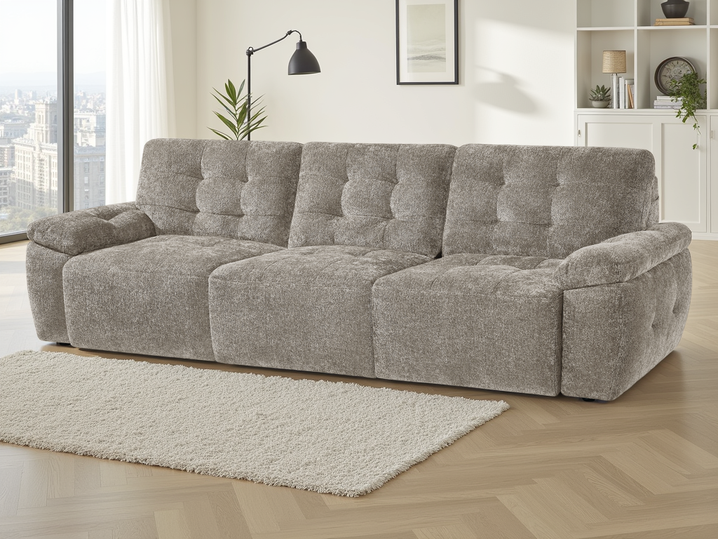 Mushroom sofa in a living room with large windows and decor