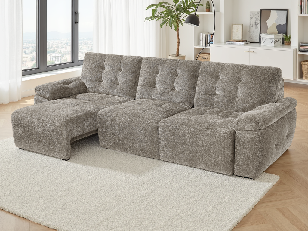 Mushroom sectional sofa in a living room with large windows and decor.
