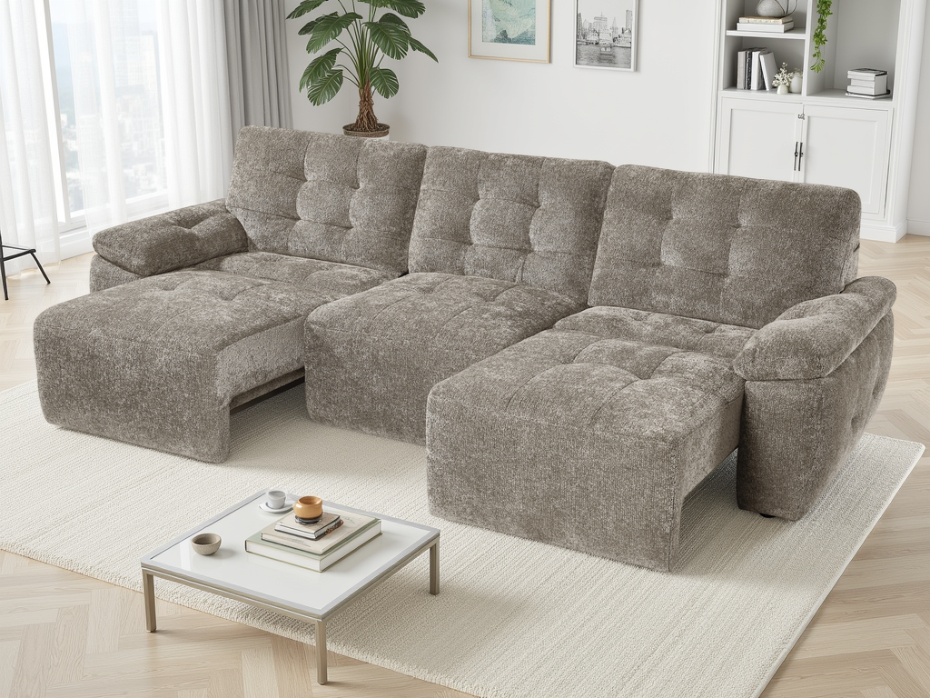 Mushroom sectional sofa in a living room setting with a coffee table and decor items.