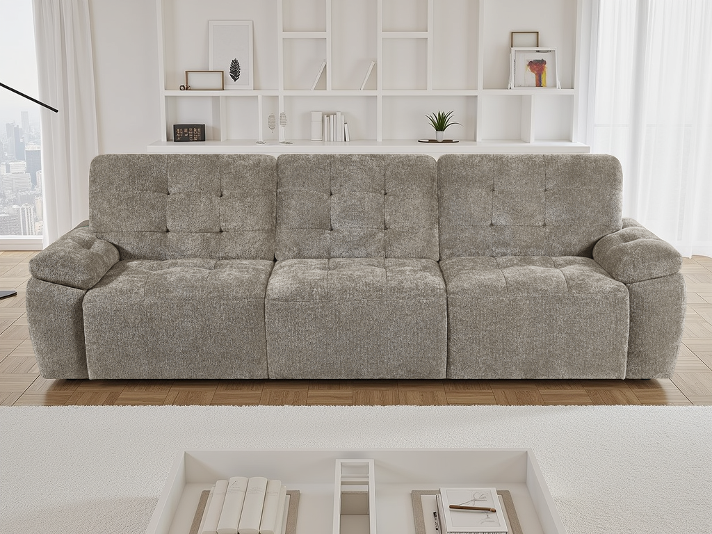 Mushroom sofa in a modern living room with a bookshelf and large windows.