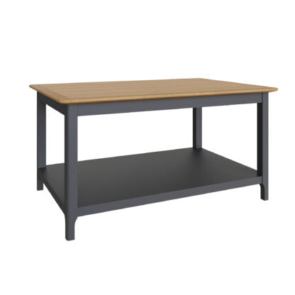 Table with wooden top and dark gray base on a white background