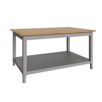 Taberno rectangular oak coffee table with dove grey painted base and open storage shelf