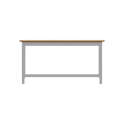 A minimalist writing desk with a light brown wood-grain top and a gray metal frame, shown from a front-facing perspective on a solid white background.