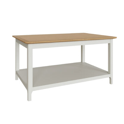 A rectangular utility table with a light natural wood top, a white frame, and a matching white lower shelf, shown against a plain white background.