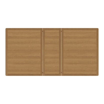 A rectangular folding table with three connected panels in a light oak wood finish, shown from a top-down perspective on a solid white background.