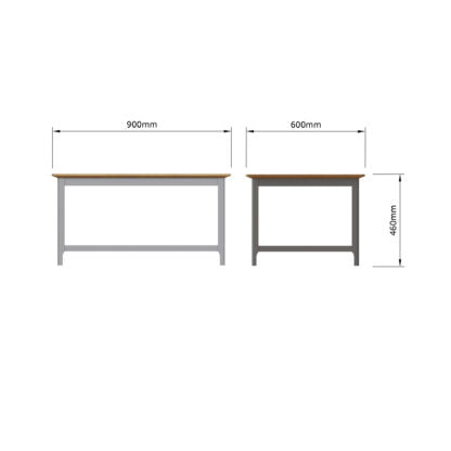 Two views of a workbench or table with dimension labels: one shows 900mm width, 600mm width, and 450mm height, and the other shows the same measurements from a side angle. The image is on a plain white background.