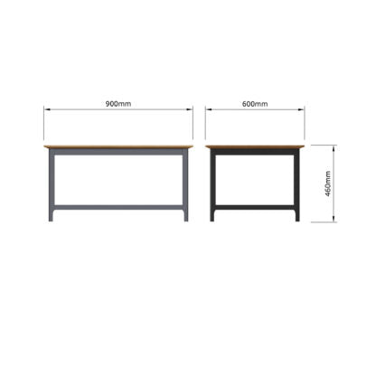 Two industrial-style metal workbenches shown side by side on a white background, with dimension labels indicating 900mm width, 600mm width, and 450mm height.