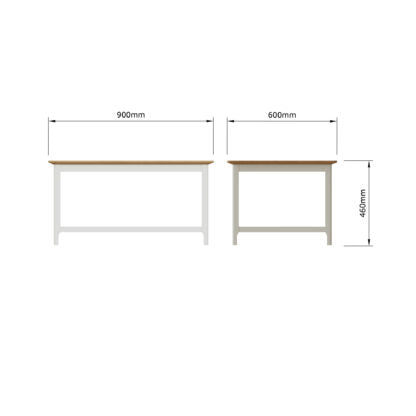 Table dimensions diagram showing two views of a table with labeled measurements: 900mm width, 600mm width, and 450mm height, on a plain white background.