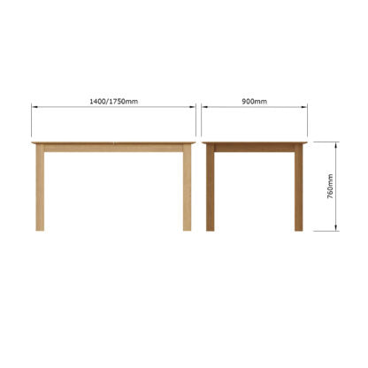A simple product diagram showing two wooden tables with dimension labels: one larger table marked 1400/1750mm by 900mm by 750mm, on a plain white background.